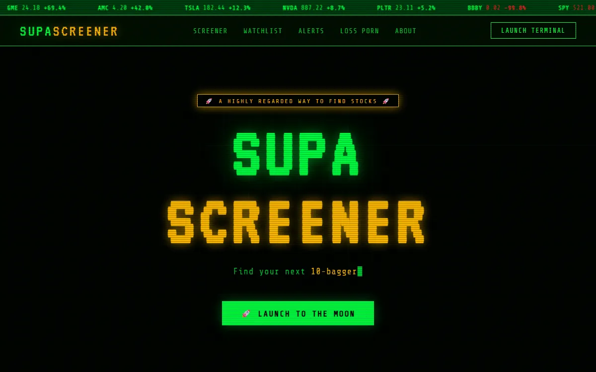 SupaScreener terminal-style web app